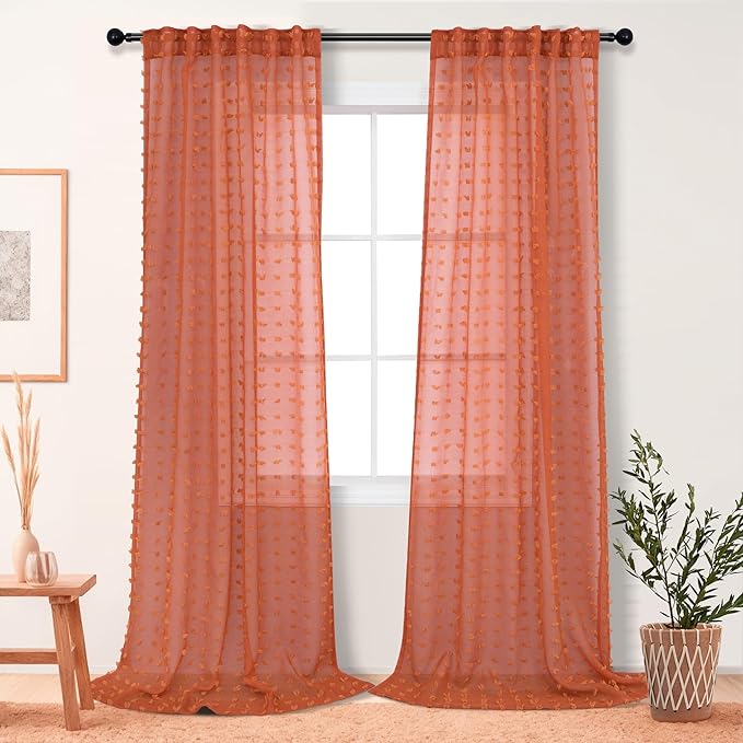 Terracotta Rust Sheer Curtains 90 Inches Long for Bedroom 2 Panels Set Rustic Boho Farmhouse Textured Pom Pom Sheer Curtains Drapes Burnt Orange Curtain Panles for Living Room Back Tab 52x90 Inch
