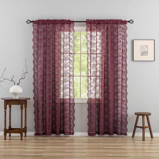 YJ YANJUN Vintage Lace Curtains 84 Inches Long- Elegant Floral Maroon Sheer Curtains Timeless Christmas Burgundy Drapes for Living Room Bedroom Privacy 7 FT 52W x 84L (Set of 2) Deep Merlot