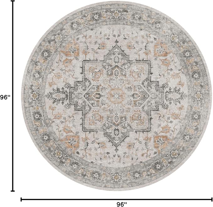 GENIMO 8FT Round Area Rugs for Living Room, Circle Rugs Machine Washable Low Pile, Non Slip Vintage Rug for Bedroom, Dining Room, Home Office, Light Taupe Brown