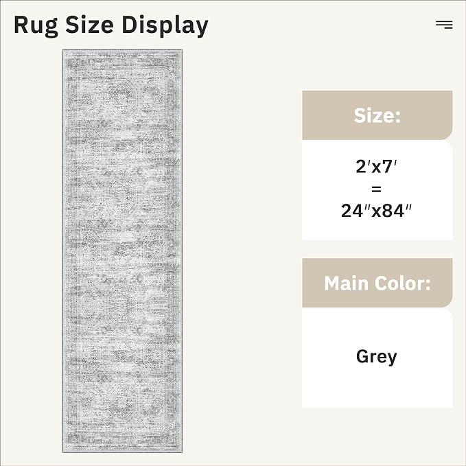 Soalmost Runner Rug 2x7 Washable Non-Slip Hallway Runner Rugs for Kitchen Bathroom Laundry Room Grey Vintage Floor Carpet Runners for Hallways Entryway