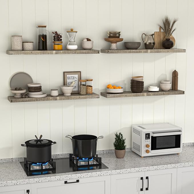 Fun Memories 55 Inch Reclaimed Wood Floating Shelves for Wall, 8 Inch Deep Extra Long Rustic Farmhouse Shelf with Invisible Brackets for TV Wall, Fireplace Mantel & Living Room, Grey