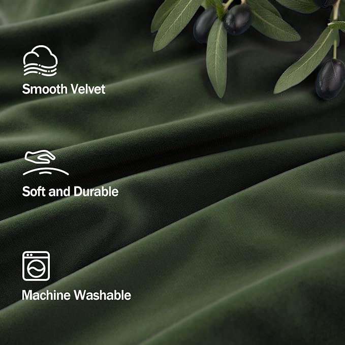 Olive Green Velvet Curtains 96 Inch Long 2 Panel for Bedroom Light Blocking Thermal Soundproof Privacy Drape Dark Academia Emerald Green Curtain for Living Room Vintage Retro Mid Century Modern Decor