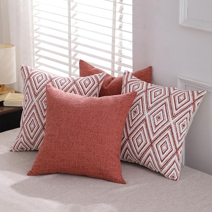 HPUK Throw Pillow Covers 20x20 Inch Set of 4, Linen Decorative Pillow Covers, Accent Cushion Covers for Couch Sofa Bed Bedroom Living Room Décor, Coral