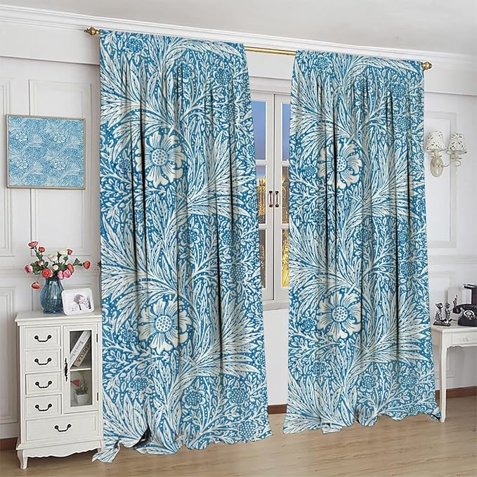 Bohe Vintage Floral Blackout Windows Curtains, William Morris Original Design Blue Flower Pattern Rod Pocket Curtains, for Living Room Bedroom 31.5(W)*63(L) 2 Panels