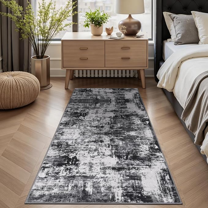 Rugflix 2x8 Runner Rug for Entryway, Kitchen Rugs Soft Non-Slip Washable Runners for Hallway, Abstract Small Carpet with Non-Slip Backing for Bedroom, Living Room, Black Grey