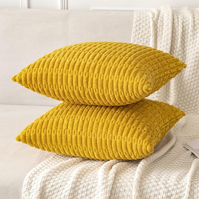 MIULEE Pack of 2 Corduroy Decorative Throw Pillow Covers 20x20 Inch Soft Boho Striped Pillow Covers Modern Farmhouse Home Decor for Summer Sofa Living Room Couch Bed Mustard Yellow