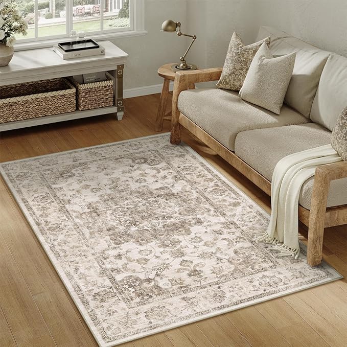 3x5 Washable Neutral Area Rug Brown Vintage Entryway Office Carpet Non-Slip Soft Low Pile Farmhouse Throw Rug for Entrance Living Room Bathroom Dining Room