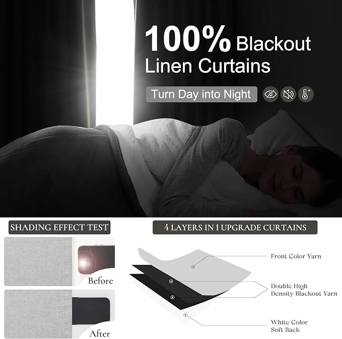Light Grey Blackout Curtains 96 Inch Length 2 Panels Set for Bedroom, Modern Faux Linen Room Darkening Pleated Gray Burg with Rod Pocket Back Tab Insulated Curtain for Office Sunroom (50"Wx96"Lx2 )