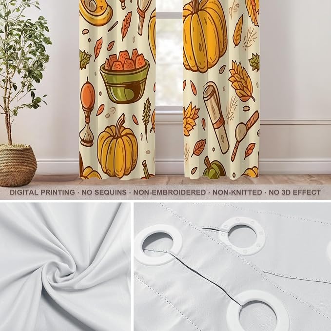 Shrahala Thanksgiving Seamless Pattern Blackout Window Curtains, Pumpkin Apple Pear Leaves Thermal Insulated Curtains Grommet Top Window Drapes for Living Room, Bedroom (2 Panels, 52 x 84 in)