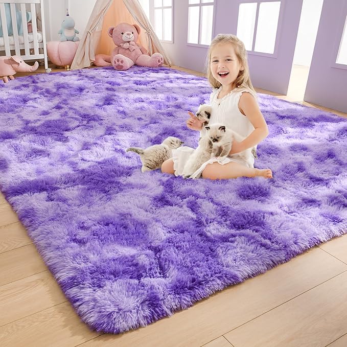 AROGAN Soft Rainbow Area Rugs for Girls Room 4x6 Feet, Fluffy Girls Bedroom Rugs, Princess Rug, Cute Colorful Carpet for Kids Teens Nursery Toddler, Purple