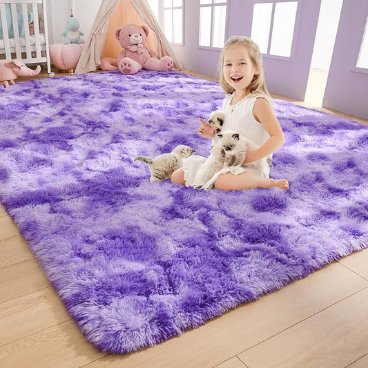 AROGAN Soft Rainbow Area Rugs for Girls Room 6x9 Feet, Fluffy Girls Bedroom Rugs, Princess Rug, Cute Colorful Carpet for Kids Teens Nursery Toddler （Purple）