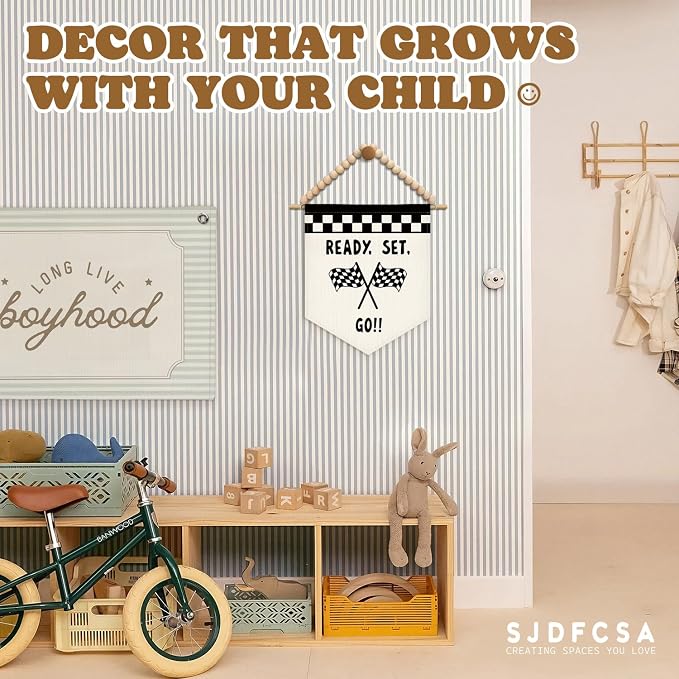 Boys Room Wall Art Decor, Race Car Room Decor for Boys, Race Car Checkered Boho Wall Hanging Display Pennant Flag for Kids Boy Nursery Toddler Room Bedroom Playroom