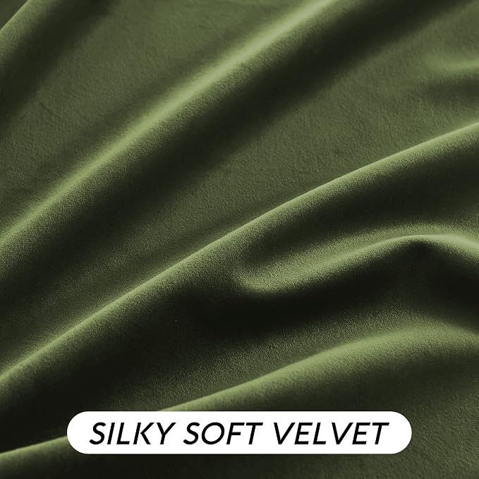 RYB HOME Olive Green Velvet Curtains with Hook Tape, Thermal Insulated Privacy Protect Decorative Drapes for Space Partition, W 62 x L 96 inches, 2 Panels Set