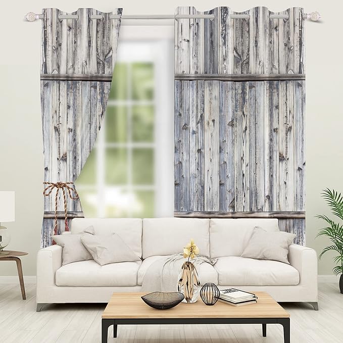 Wooden Barn Doors Kitchen Curtains,Wood Planks Rustic Farm Farmhouse Window Curtains Country Retro Western Vintage Grey Window Curtain Treatments Bedroom Living Room Decor,42x84 inch,2 Panels