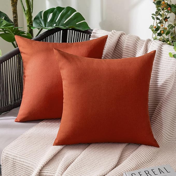 MIULEE Pack of 2 Decorative Outdoor Solid Waterproof Throw Pillow Covers Euro Sham Faux Linen Garden Farmhouse Cushion Cases for Summer Patio Tent Balcony Couch Sofa 24x24 Inch Burnt Orange