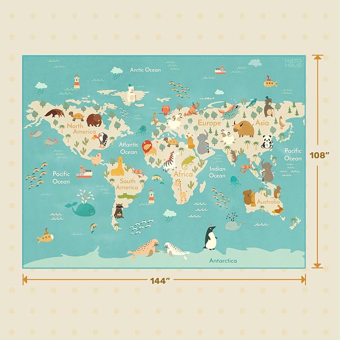 Huge Kids Rugs for Playroom Décor - 9x12 Boho Pastel Classroom Décor for Children, Washable Ultra Soft World Map Carpet with Blue Ocean, Continents & Cute Animals