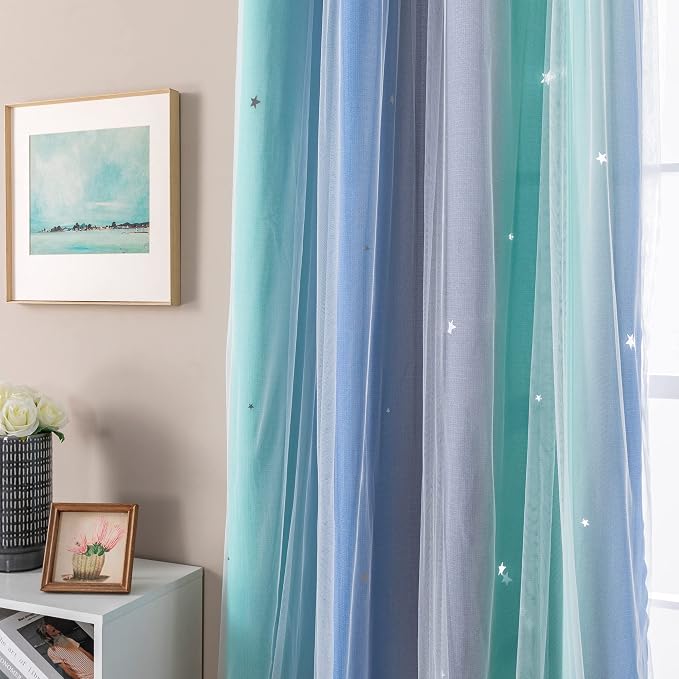 XiDi Curtains for Bedroom Decor, Rainbow BluGrenGrey-34-96
