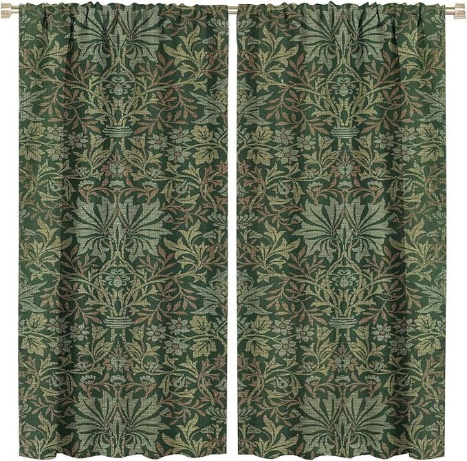 Bohemia Art Blackout Window Curtains, William Morris Original Design Green Garden Vintage Curtains, for Living Room Bedroom 21(W)*63(L) 2 Panels