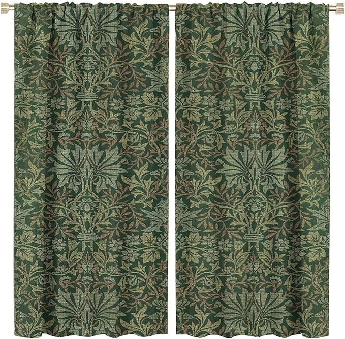 Bohemia Art Blackout Window Curtains, William Morris Original Design Green Garden Vintage Curtains, for Living Room Bedroom 31.5(W)*72(L) 2 Panels