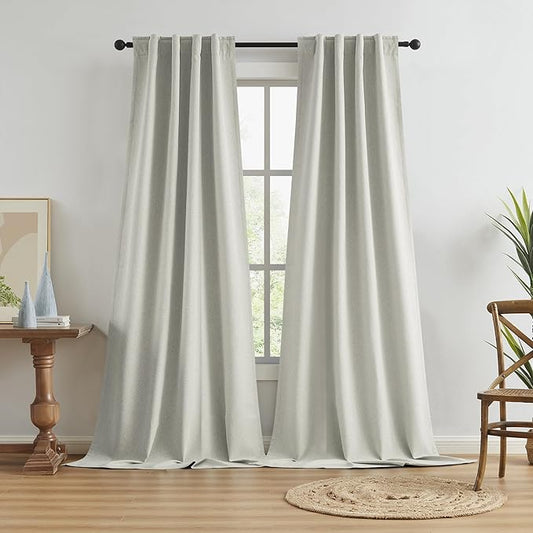 KEQIAOSUOCAI Greyish Beige Blackout Curtains 105 Inches Long 2 Panels Back Tab Pocket Hook Belt Full Black Out Thermal Insulated Boho Window Draperies for Living Room 34x105