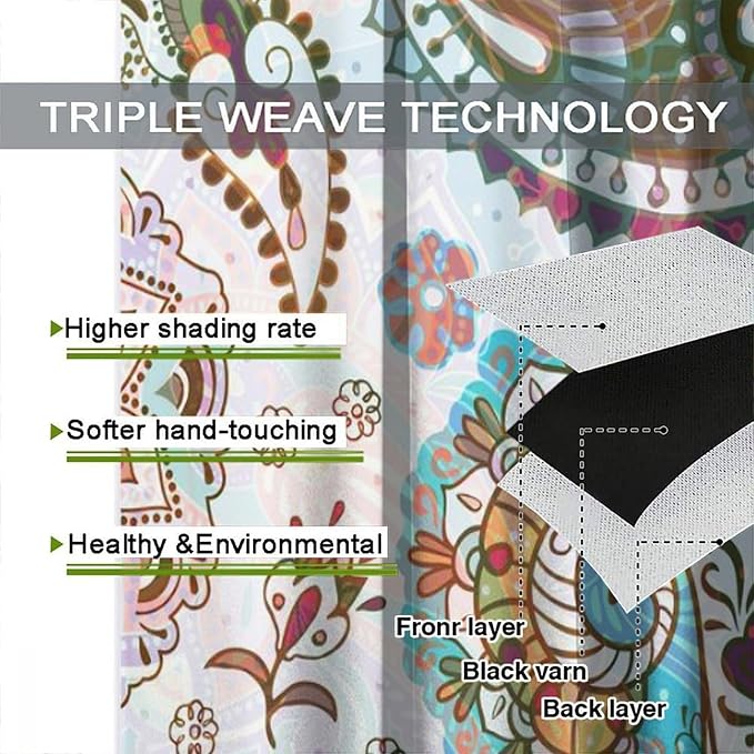 Bohemian-Style Curtains, Tribal Abstract Print with Paisley Motifs, Blackout Curtains for Bedrooms, Living Rooms and Kitchens42X63 Inch