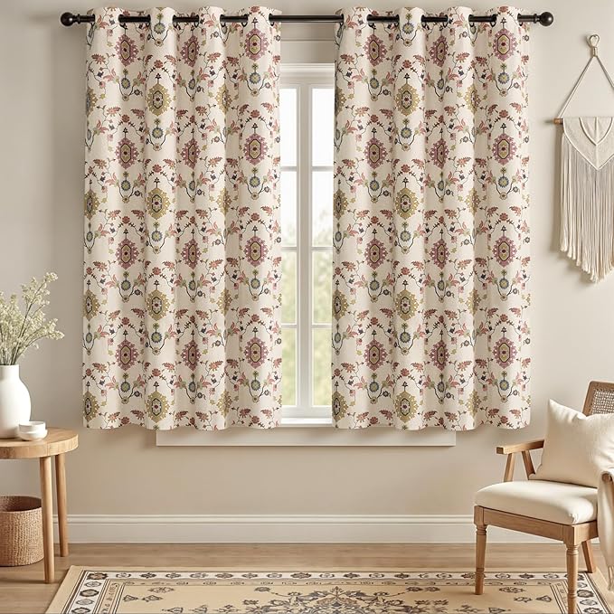 Boho Floral Blackout Curtains for Living Room, Beige Linen Textured Drapes with Colorful Bohemian Print 63 Inches Long 2 Panels Set Vintage Farmhouse Rustic Window Curtains Grommet Top