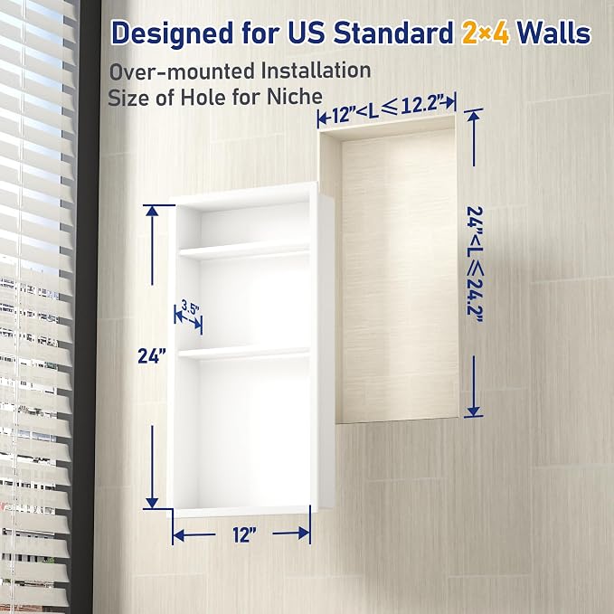 Stainless Steel Shower Niche 24" X 12" White No Tile Needed Vertical Niche Shower with Three-Tier Shelves Recessed Wall Niches for Bathroom Storage Over Mount Installation