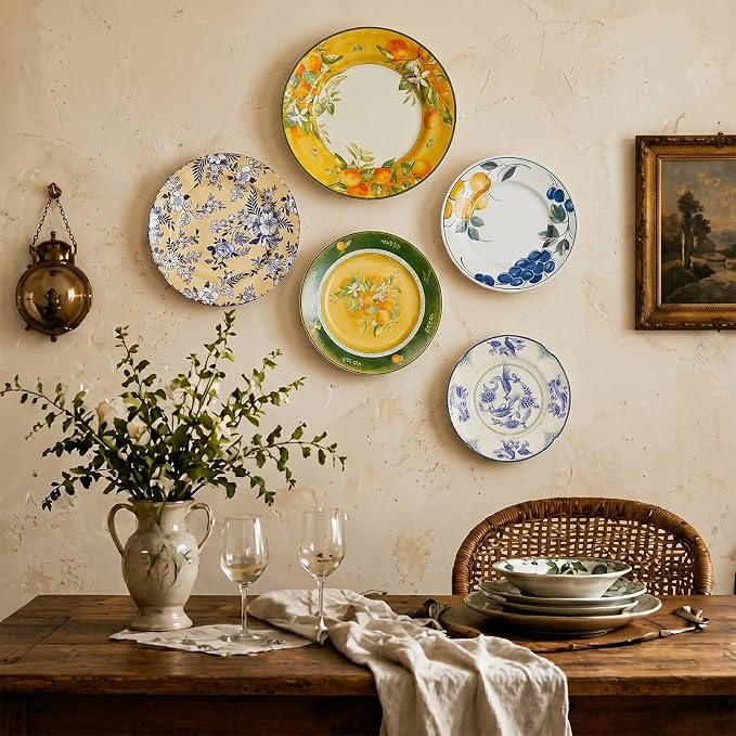 Yiyiring 5 Pcs Coastal Vintage Ceramic Wall Plates Set, Blue White and Yellow Decoration Hanging Plates with Botanical Patterns, Holland Vintage Gifts for Wall, Home Office Art Ornament(Fruit)