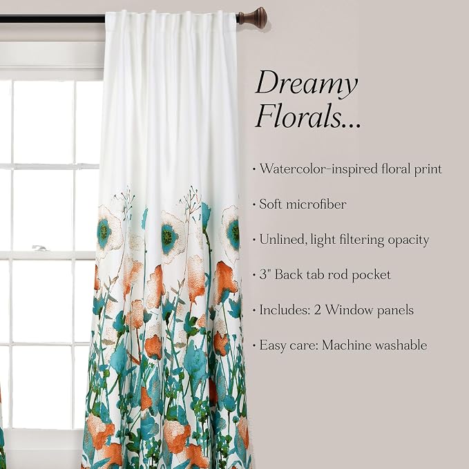 Lush Decor Zuri Flora Room Darkening Window Curtain Panels Pair 52" W x 84" L Turquoise & Orange - Room Darkening Curtains for Bedroom - Floral Curtains