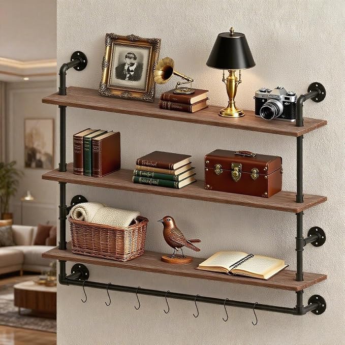 ROGMARS Industrial Floating Pipe Wall Shelves with Towel Rack 30 Inch | Industrial Pipe Shelving Rustic Coffee Bar Storage Wall Mounted Shelves For Living Room,Bathroom ,Kitchen,Laundry Room 3 Tier