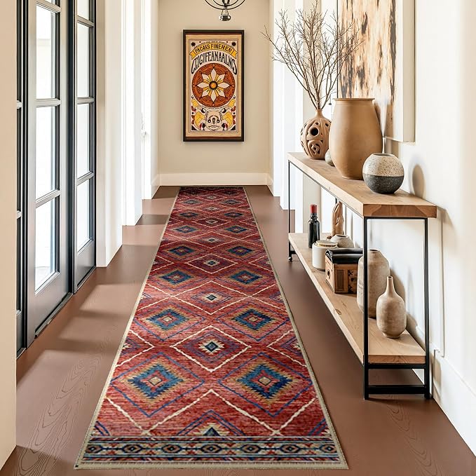 BESTSWEETIE Area Rug 2x10 Rug Machine Washable Non-Slip Low Pile Print Pattern Western Rug for Living Room Bedroom Entryway Tribal Series -Red/Orange