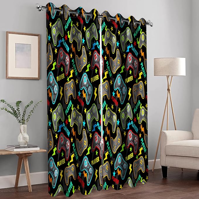 Gamer Gaming Blackout Curtains Kids Boys Girls Teens Colorful Video Game Controller Decor for Teenage Men Dad Son Child Game Handle Bedroom Room Darkening Grommet Window Drapes 2 Panels, 52"x84"