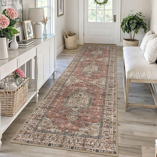 KUTA Vintage Runners for Hallways 2.6x10 Non-Slip, Terracotta Washable Kitchen Rug Ultra Soft Printed Traditional Medallion Floor Carpet for Bedroom Living Room