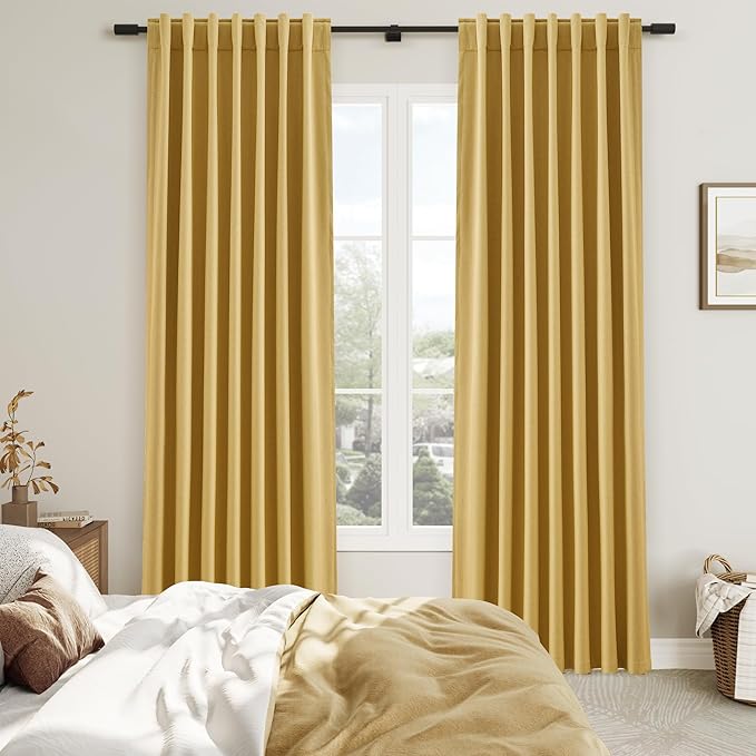 Joywell 100% Blackout Linen Curtains 84 Inch Long for Bedroom Rod Pocket Back Tab Hook Belt Black Out Curtain Thermal Insulated Drapes for Living Room Window 2 Panels,52 x 84,Gold Yellow