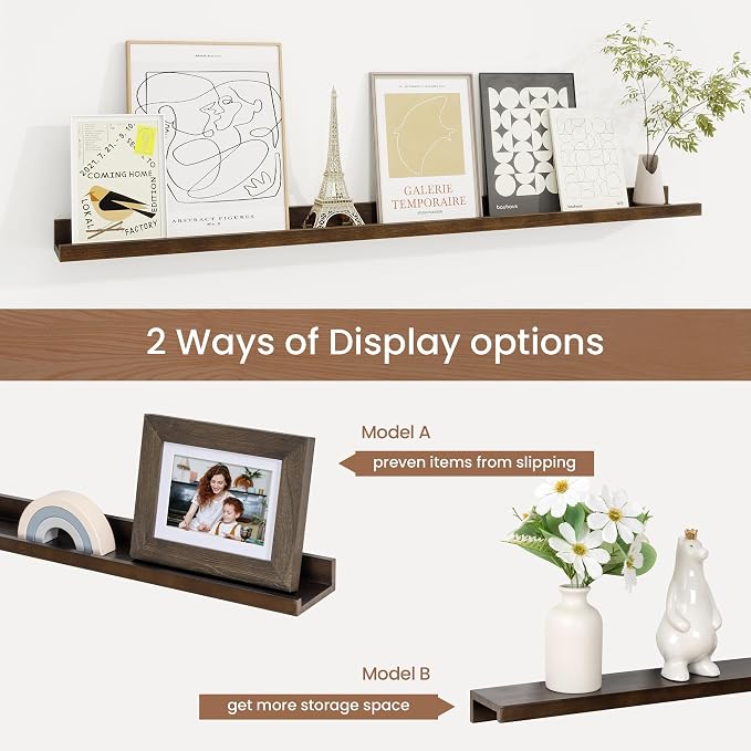 Picture Ledge Shelf, Floating Shelves Set of 2, 40 Inches Solid Wood Nursery Book Shelves for Toys Storage, Kids Bookshelf Wall Mounted for Living Room Bedroom Decor Books Photo Frames, Walnut