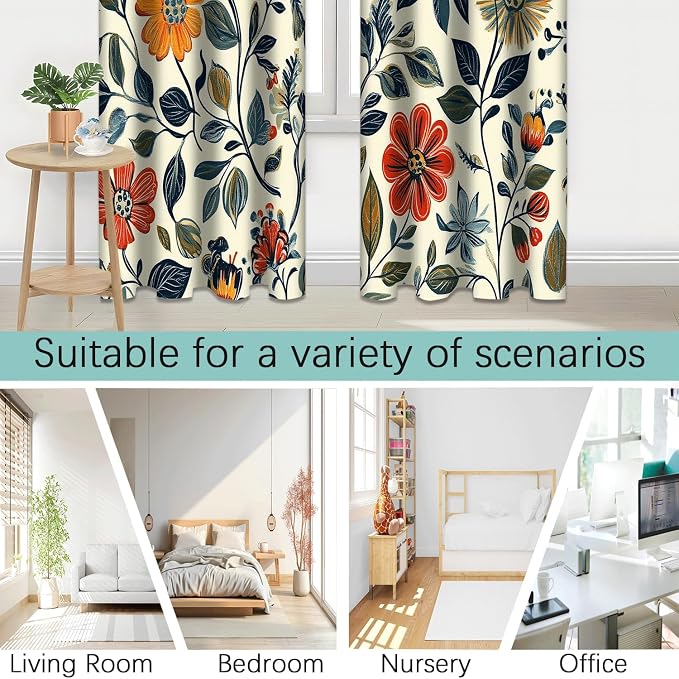 Floral Leaves Blackout Curtain, Red Yellow Boho Flowers Aesthetic Art Window Curtains Darkening Thermal Insulated Grommet Window Drapes for Living Room Bedroom Decor 2 Panels 52x63 Inches