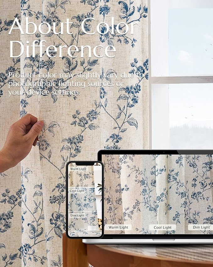 jinchan Blue Floral Linen Curtains 90 Inch French Country Back Tab 2 Panels | Flower patterned drapes, farmhouse, printed, light filtering, bedroom, living room, kitchen, window treatment, rod pocket