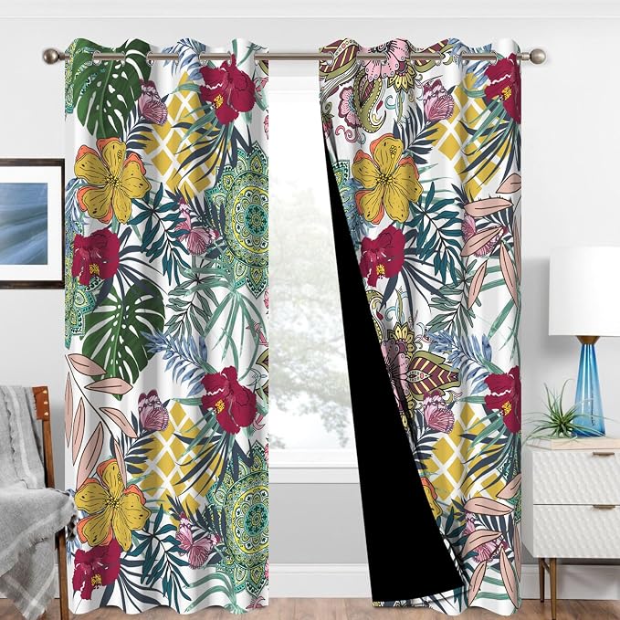 Black Out Curtains 84 Inch Long 2 Panels Set, Boho Pattern Blackout Curtains for Bedroom and Living Room, Bohemian Thermal Insulated Soundproof Grommet Room Darkening Drapes with Curtain Tiebacks