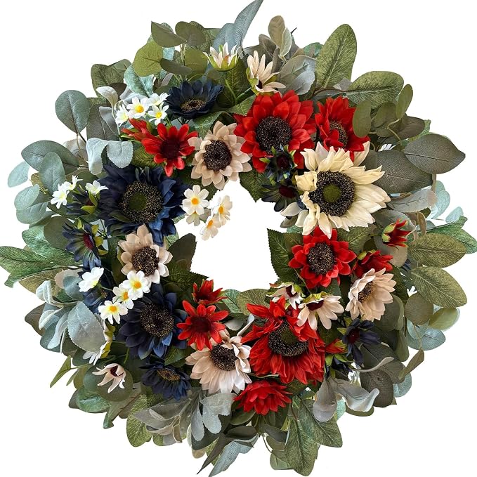 WANNA-CUL 24 Inch Patriotic Sunflower Wreath 4th of July Front Door Wreath | Red White Blue Summer Memorial Day Independence Day Labor Day Wreath for Indoor Outdoor Holiday Decor