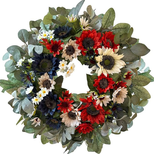 WANNA-CUL 24 Inch Patriotic Sunflower Wreath 4th of July Front Door Wreath | Red White Blue Summer Memorial Day Independence Day Labor Day Wreath for Indoor Outdoor Holiday Decor