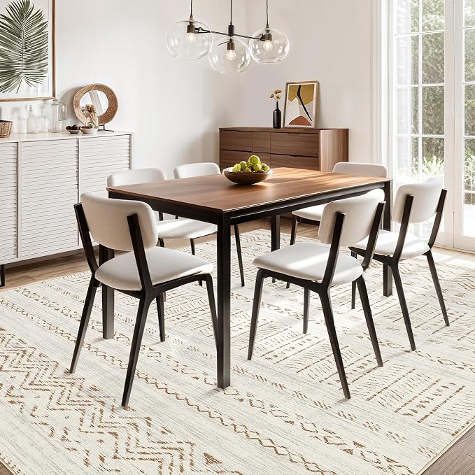 cotiled 7x9 Area Rugs Living Room Rug: Washable Boho Rugs with Non Slip Backing Large Soft Indoor Stain Resistant Carpet for Bedroom Farmhouse Dining Room Lightweight Home Decor Brown/Cream