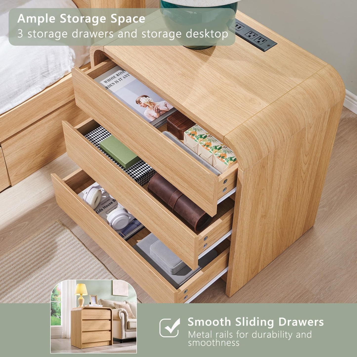 25" Tall Modern Nightstand Set of 2, 23.6" Wide Wood Bedside Table with Charging Station, 3 Storage Drawers Side Table w/Curved Profile Design,End Table for Bedroom, Natural Oak