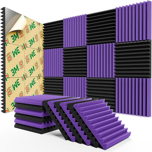 12 Pack Sound Proof Foam Panels for Walls,Self-Adhesive Foam Acoustic Panels Sound Absorbing,High Density Quick-Recovery Soundproof Wall Panels 12" X 12" X 1"-Black and Purple