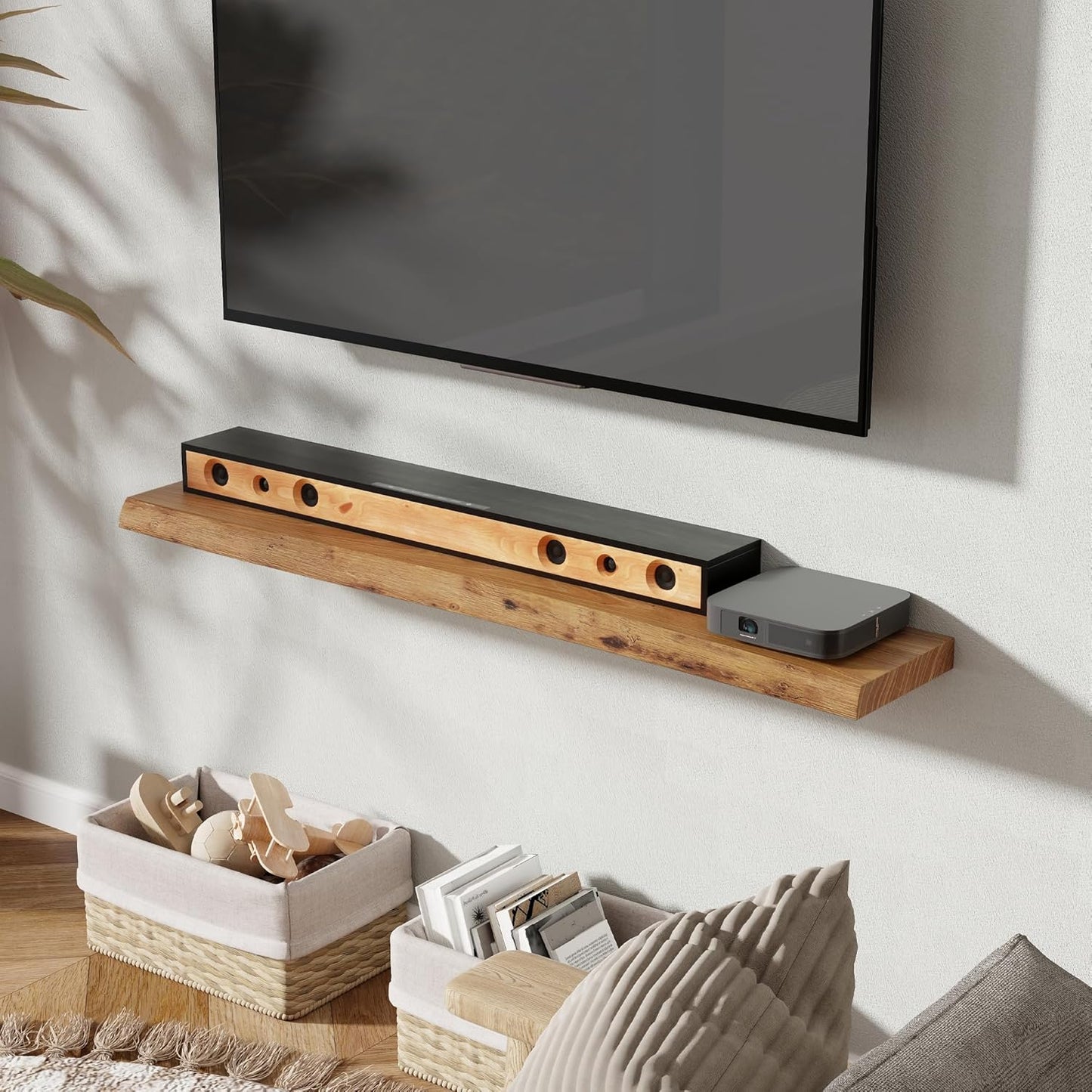 Fun Memories 48" Floating Shelves for Wall, Live Edge Solid Elm Wood Floating Shelf with Invisible Bracket, Wall Mounted Display Wooden Shelves for Bathroom, Kitchen, Bedroom, Natural Color, Set of 1