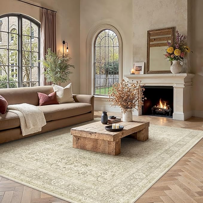 PureCozy Vintage Area Rug 6x9 Beige Washable Living Room Large Carpet Non Slip Bedroom Indoor Office Low Pile Traditional Distressed Retro Accent Rug for Dining Room Kitchen