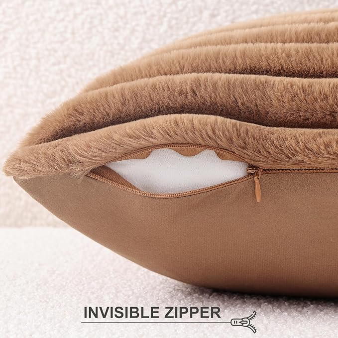 Pallene Faux Fur Plush Throw Pillow Covers 24x24 Set of 2, Luxury Soft Fluffy Striped Decorative Pillow Covers for Sofa, Couch, Living Room, Brown