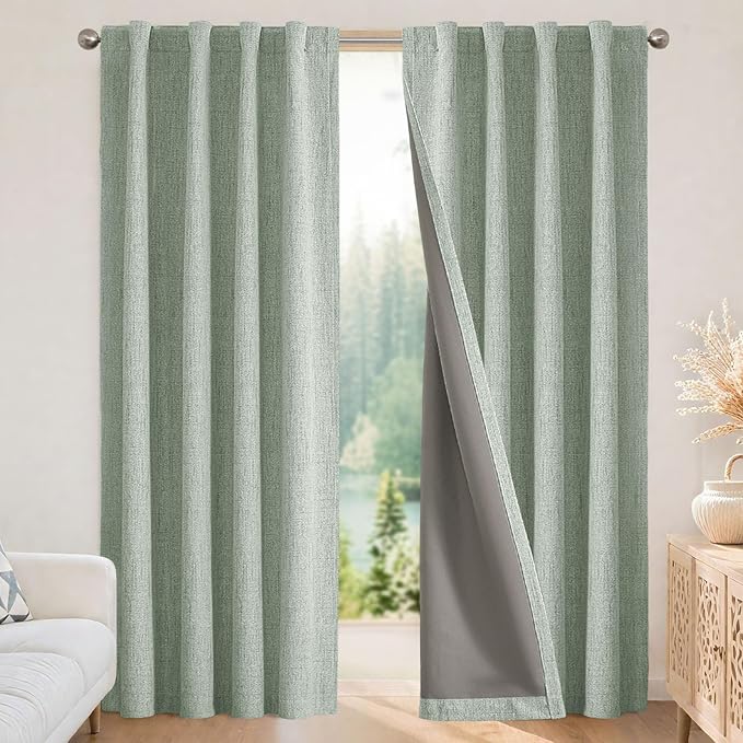 Joydeco Blackout Curtains for Bedroom - 100% Light Blocking 2 Panels Sage Green Drapes 42" W x 63" L, Thermal Insulated Room Darkening Curtains, Linen Textured for Living Room, Rod Pocket & Back Tabs