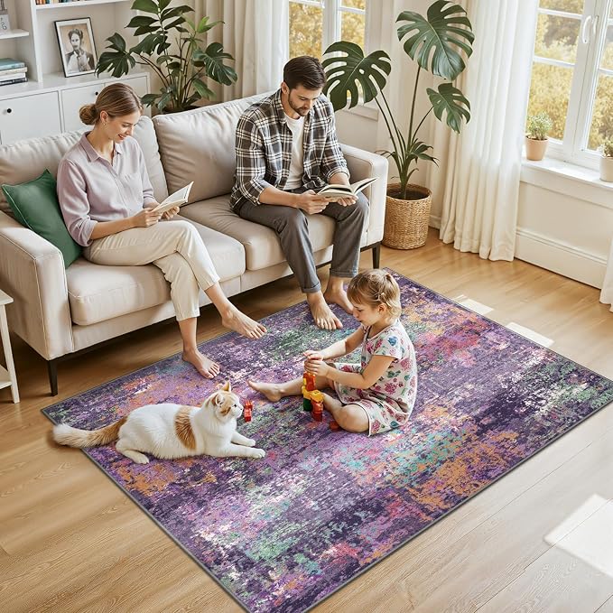 RELEANY Washable Area Rugs 4'x6' Non-Slip Modern Abstract Soft for Living Room Entryway Bedroom Kitchen, Print Pattern, Purple Orange Blue Green Rust Red Colorful
