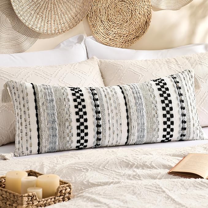 Kevin Textile 14x36 Inch Long Lumbar Pillow Cover 1 Pack Boho Decorative Rectangle Cushion Case Throw Soft Chenille Thread Woven Tufted Textured Farmhouse Accent for Living Room Couch Sofa Bed, Black