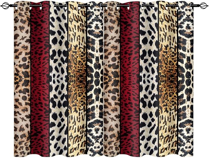 Wild Animal Print Curtain, Room Darkening Thermal Insulated Blackout Leopard Boa Window Drapes with Grommets for Living, Dining, Bedroom, Red Leopard Print, 52"x 60", 2 Panels